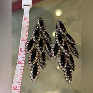 Vintage black rhinestone trimmed feather chandelier earrings